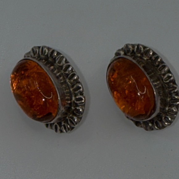 Sterling Silver Amber Oval Stud Earrings - Deep Orange - Picture 2 of 13